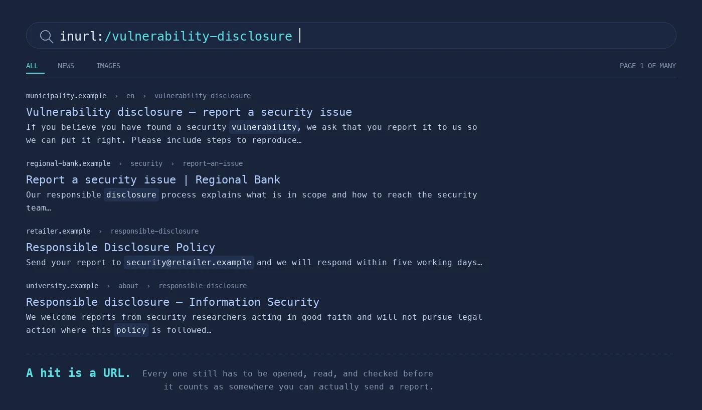 Search results for a disclosure-page dork: four disclosure pages on four different domains